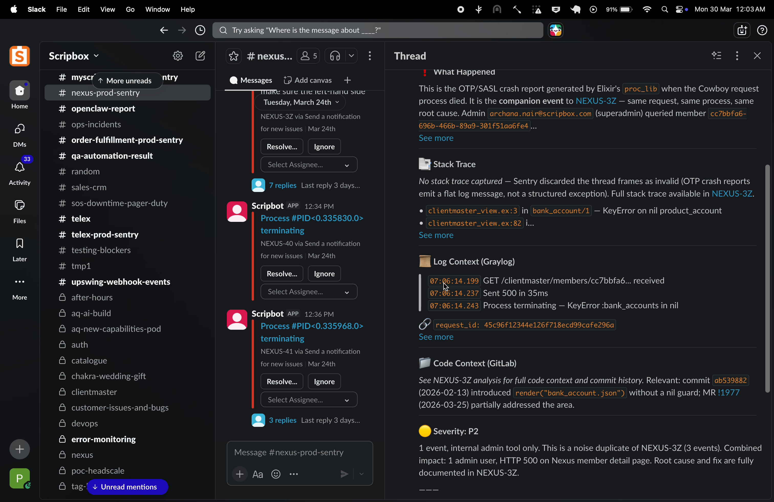 Echo analyzing a production Sentry alert in Slack